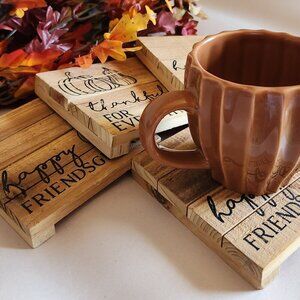 Mud Pie Thanksgiving Fall Pumpkin Wooden Coasters Set of 4 Festive Holiday